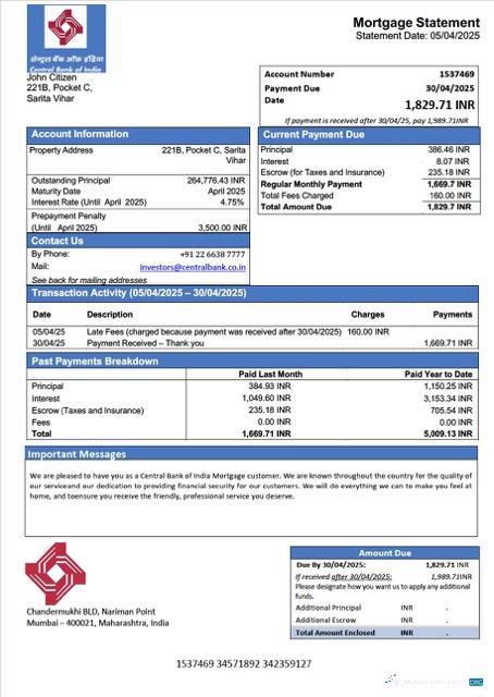 Download India Central Bank of India mortgage statement Word and PDF template Photoshop template
